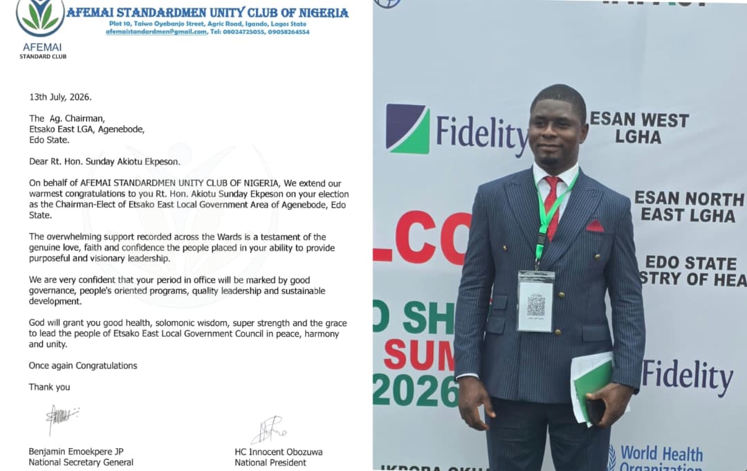 Afemai Standardmen Unity Club Congratulates Sunny Ekpeson, Foresees A New Era of Visionary Grassroots Leadership
