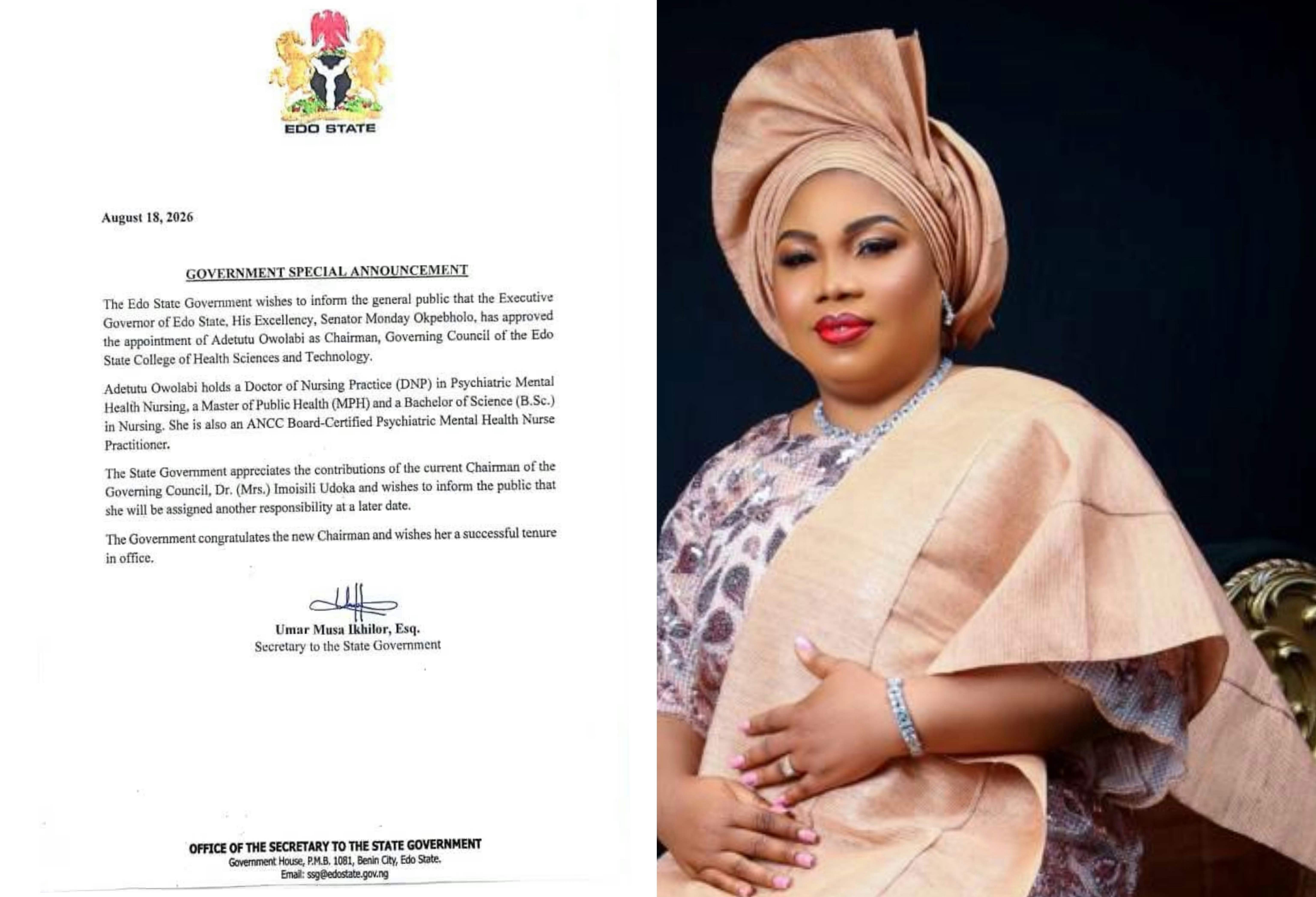 Edo Govt Appoints Adetutu Owolabi Chairman, College Of Health Sciences Governing Council